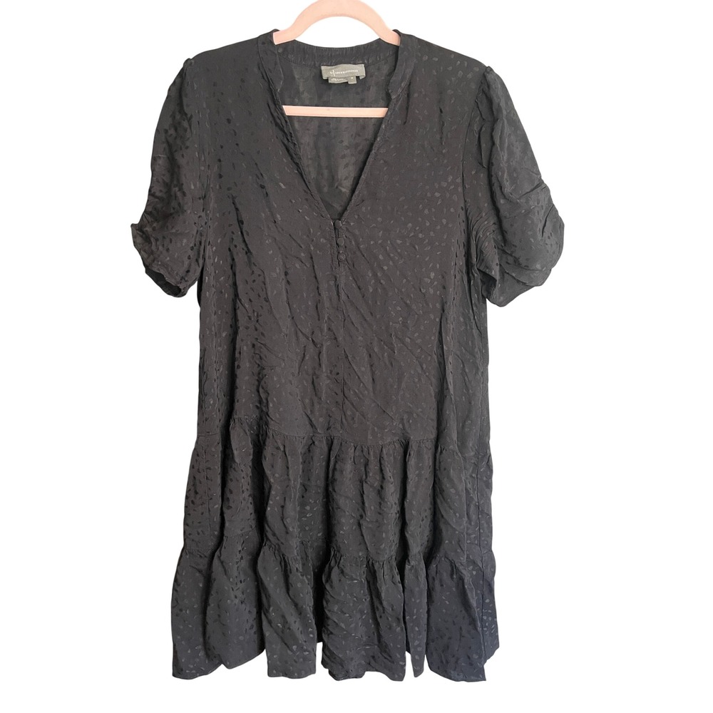 Anthropologie Black Jacquard Animal Spot Tiered Babydoll Mini Dress Women Medium